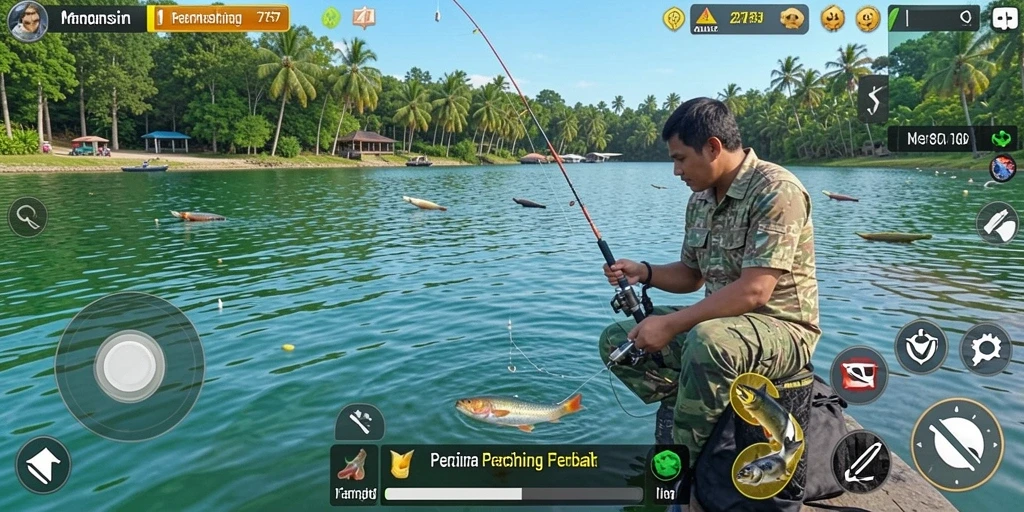 Tampilan gameplay yang menarik dalam 2757 saat memancing di laut.