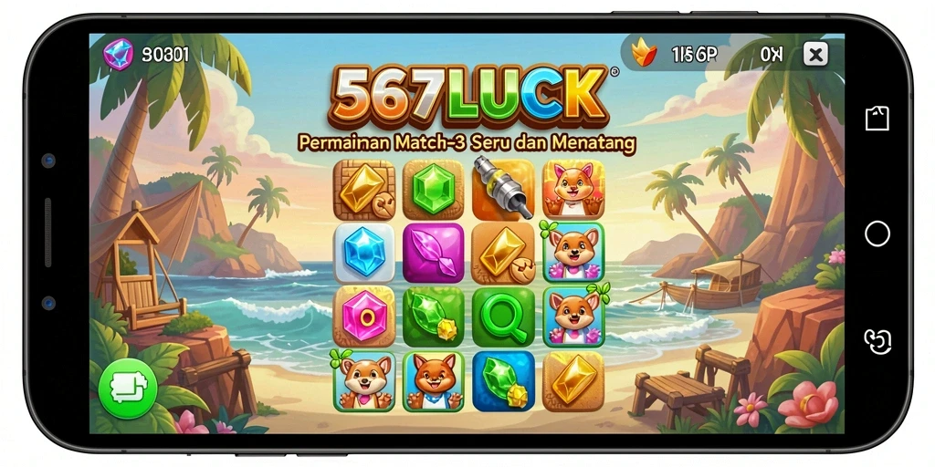 Gameplay seru 567LUCK dengan permata berwarna-warni.