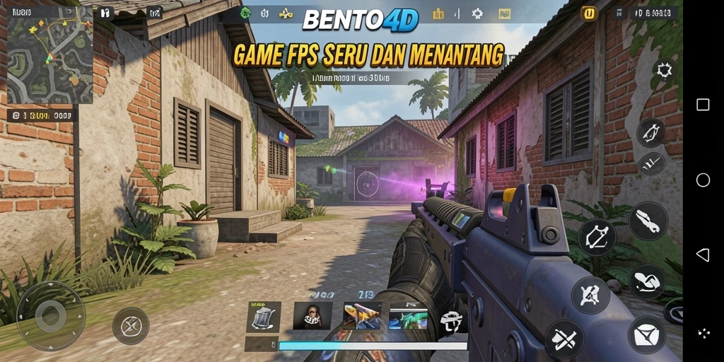 Screenshot gameplay BENTO4D saat aksi tembak-menembak di peta yang menarik.