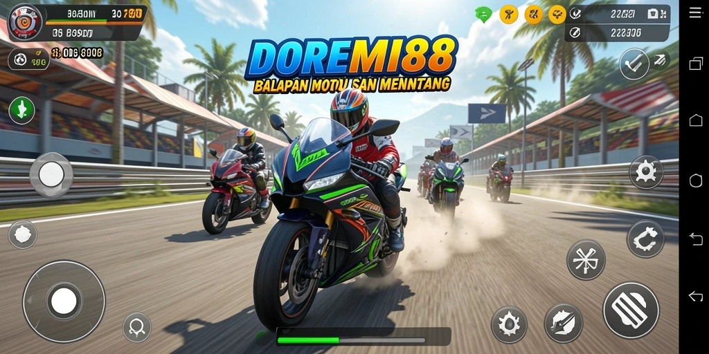 Screenshot gameplay seru DOREMI88 menampilkan balapan motor yang mendebarkan.