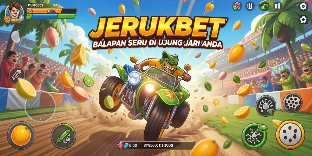 Tangkapan layar gameplay balapan seru JERUKBET dengan kendaraan berkecepatan tinggi.