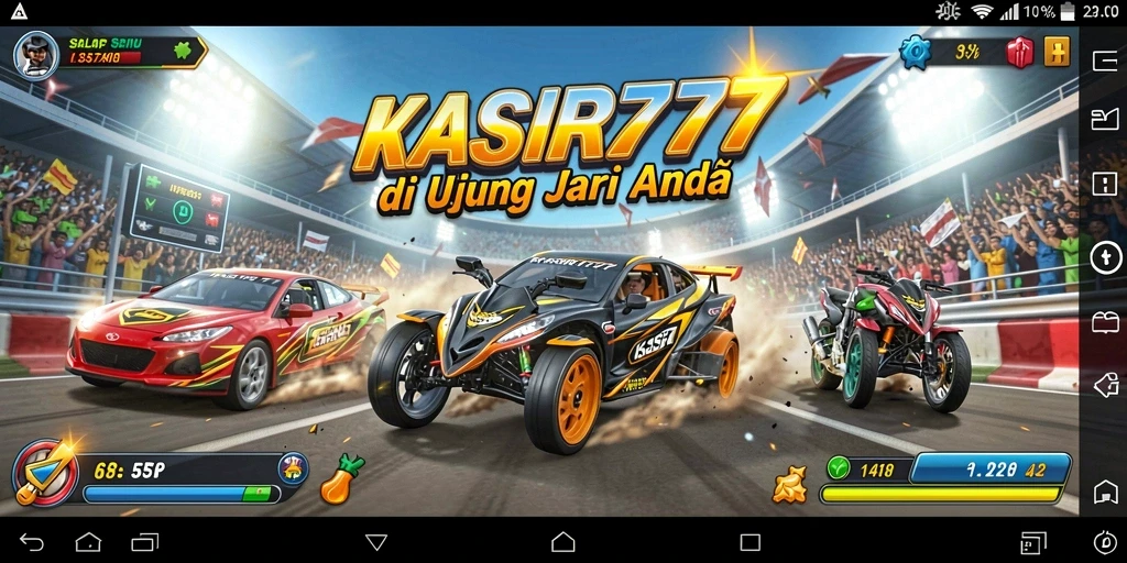 Tampilan gameplay KASIR777 dengan mobil balap di trek menantang.