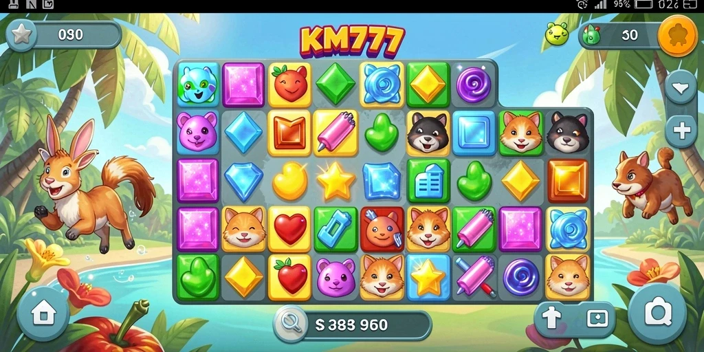 Tampilan gameplay KM777 dengan elemen warna-warni dan tantangan seru.