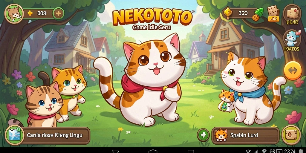 Tampilan gameplay NEKOTOTO yang penuh warna dan kucing lucu.