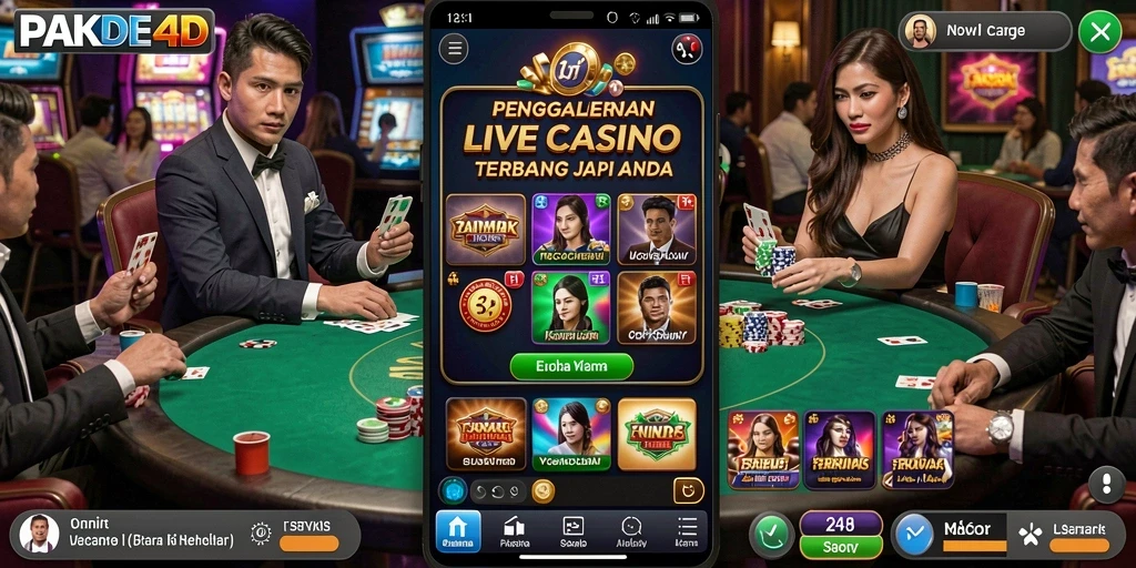 Tampilan gameplay PAKDE4D dengan dealer live dan suasana kasino yang mengesankan.