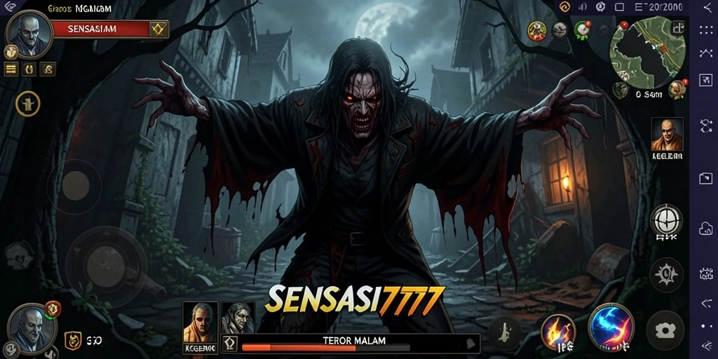 Tampilan gameplay mencekam dari SENSASI777 dengan suasana kelam.