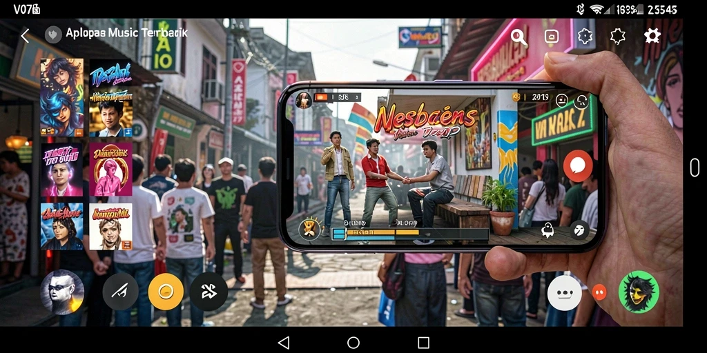 Tampilan gameplay interaktif V07 dengan fitur lirik menyanyi bersama.